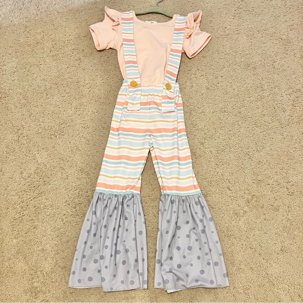 TwoCan peach and periwinkle polka‎ dot bell bottom suspender set Sz 4T LIKE NEW